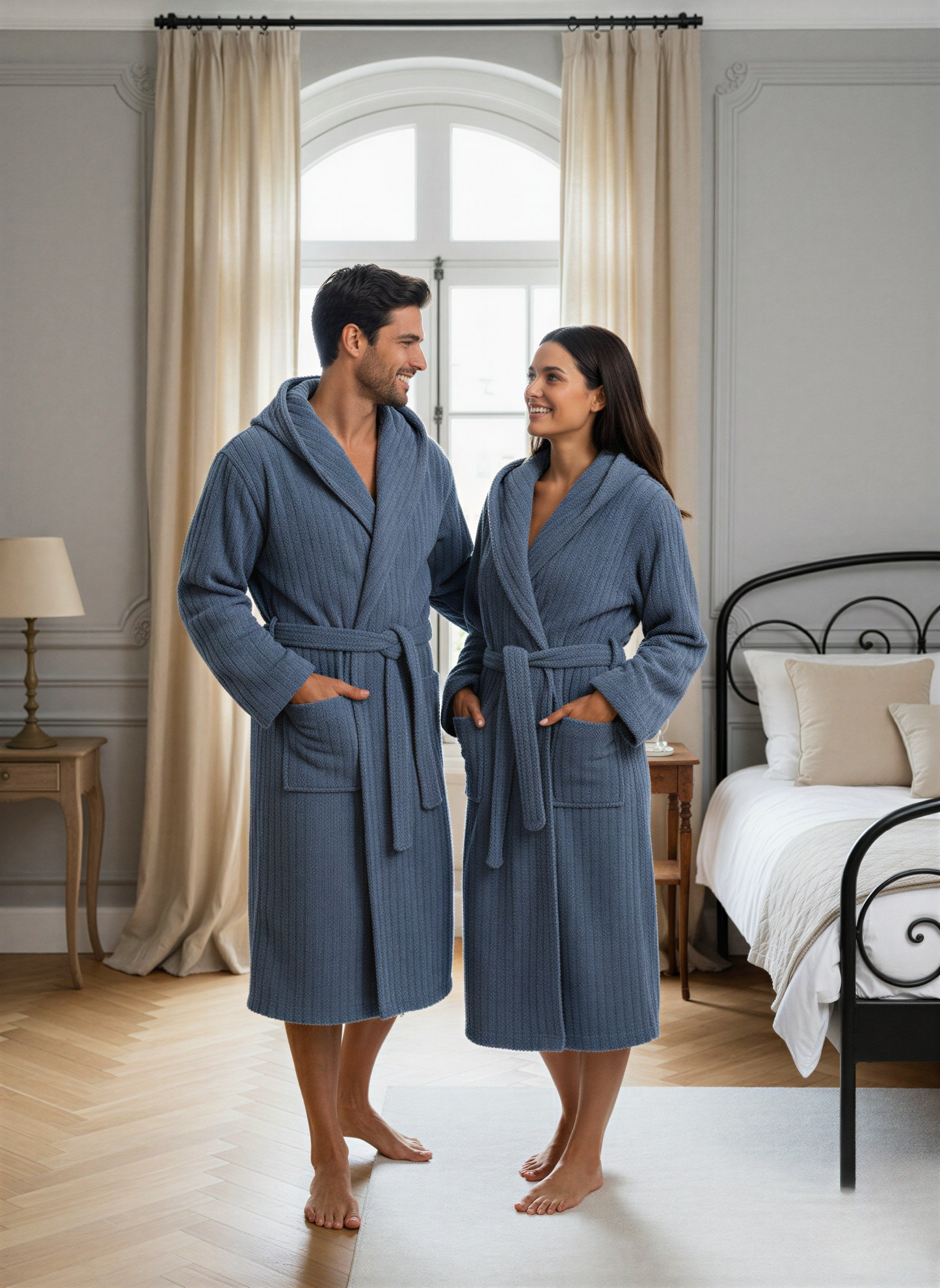 Classic Stripe Terry Bathrobe Dusty Blue