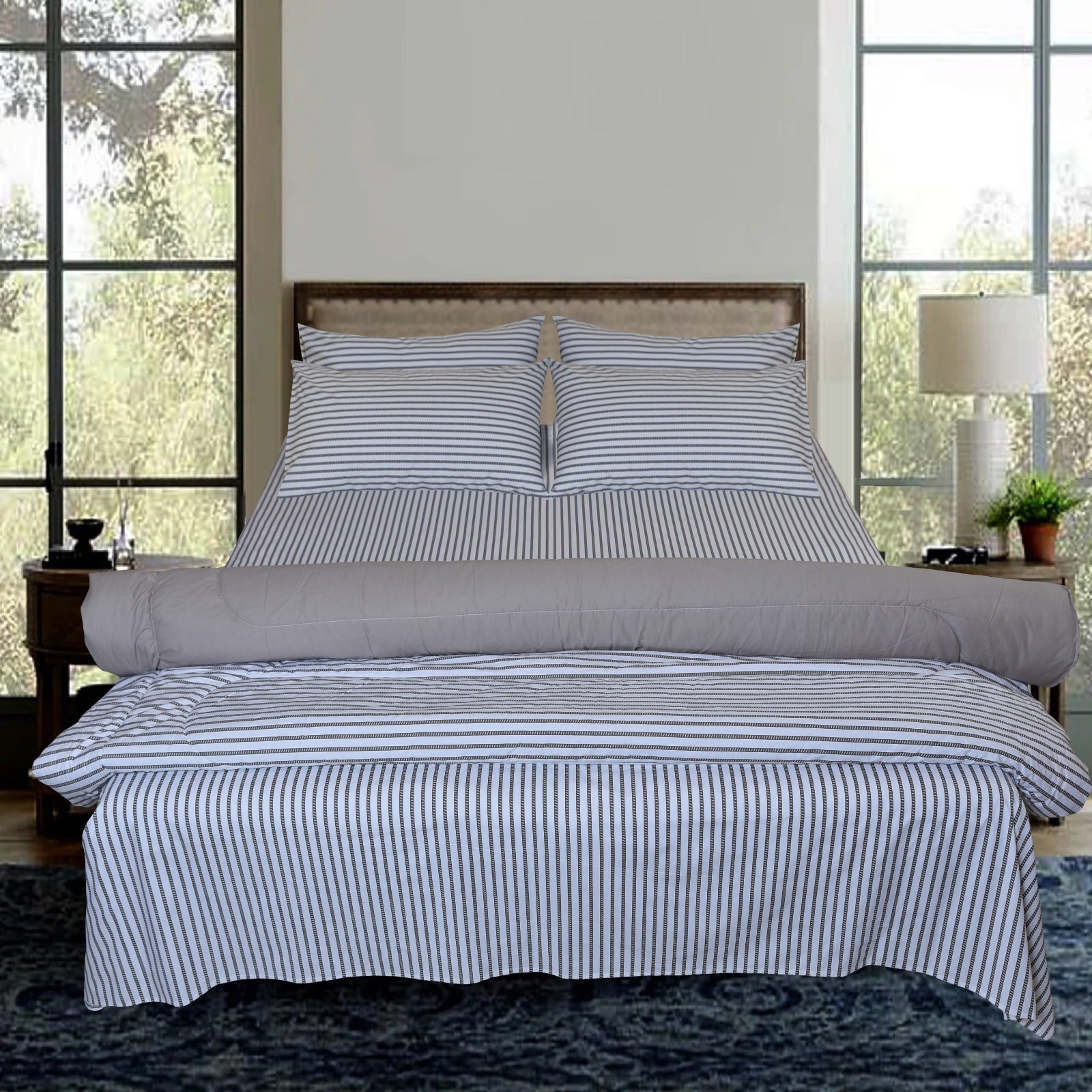 Lacoste Grey Stripe 6 Pcs Bed in Bag Set - T200 Percale 350 GSM