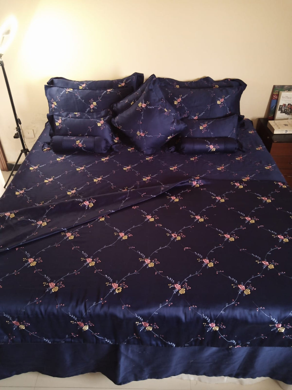 Embroidered Bedding Set 14 pcs Navy T300 Cotton Satin