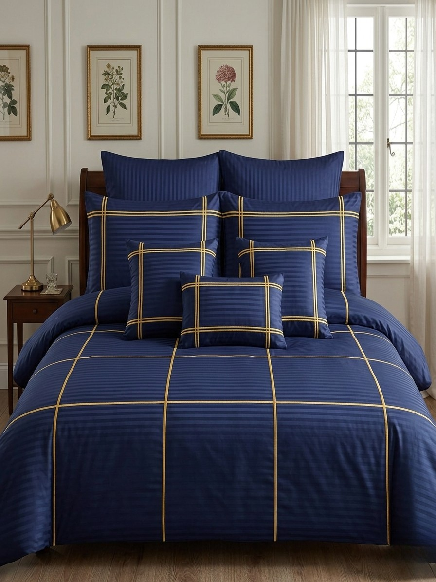 Baratta Stitch Bed Set Grid Design T300 Stripe Satin Navy Blue
