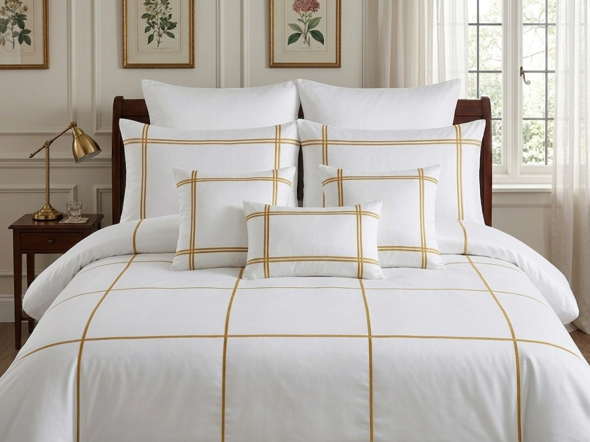 Baratta Stitch Bed Set Grid Design T400 Satin White/Golden