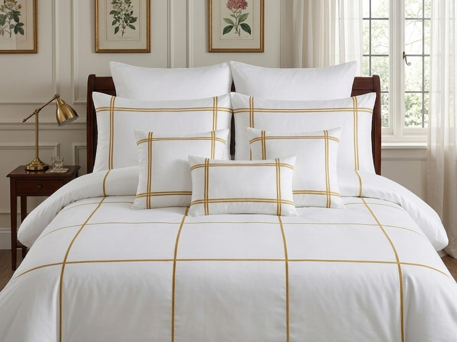 Baratta Stitch Bed Set Grid Design T400 Satin White/Golden