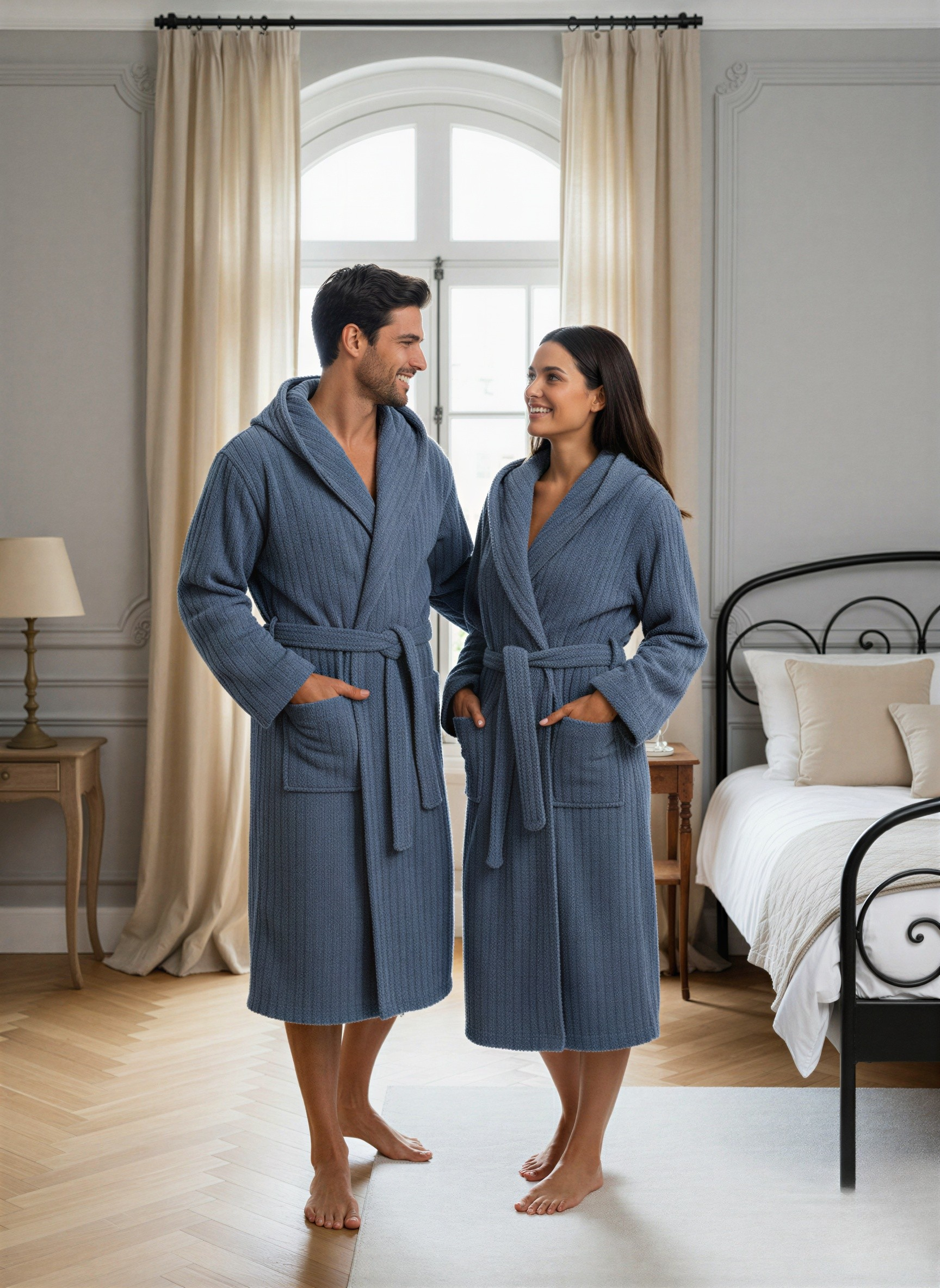 Classic Stripe Terry Bathrobe Dusty Blue