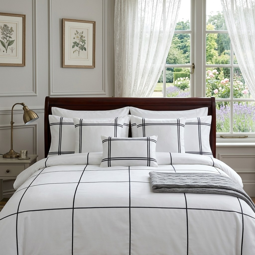 Baratta Stitch Bed Set Grid Design T400 Satin White/Grey