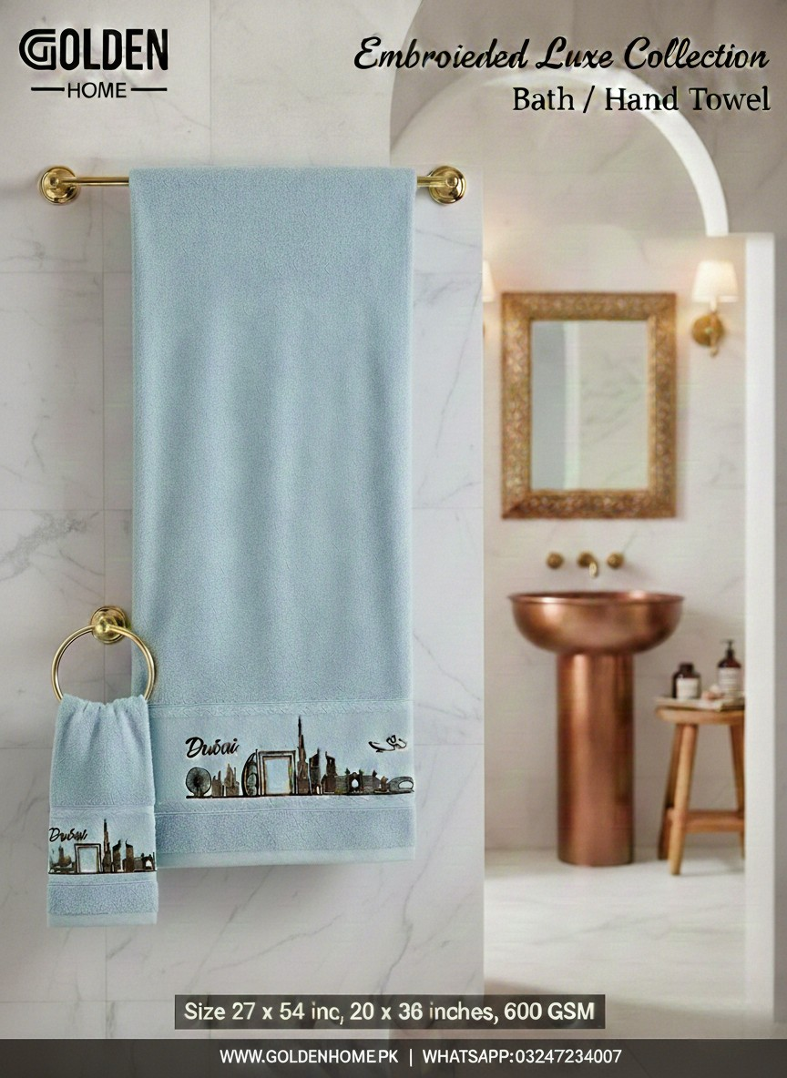 Dubai Embroidered Hand Towel Aqua 20x36 inch