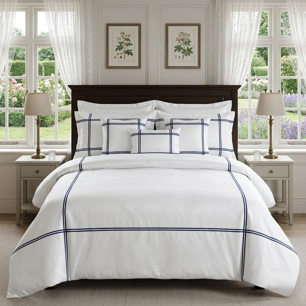 Baratta Stitch Bed Set Cross Design T400 Satin White/Blue