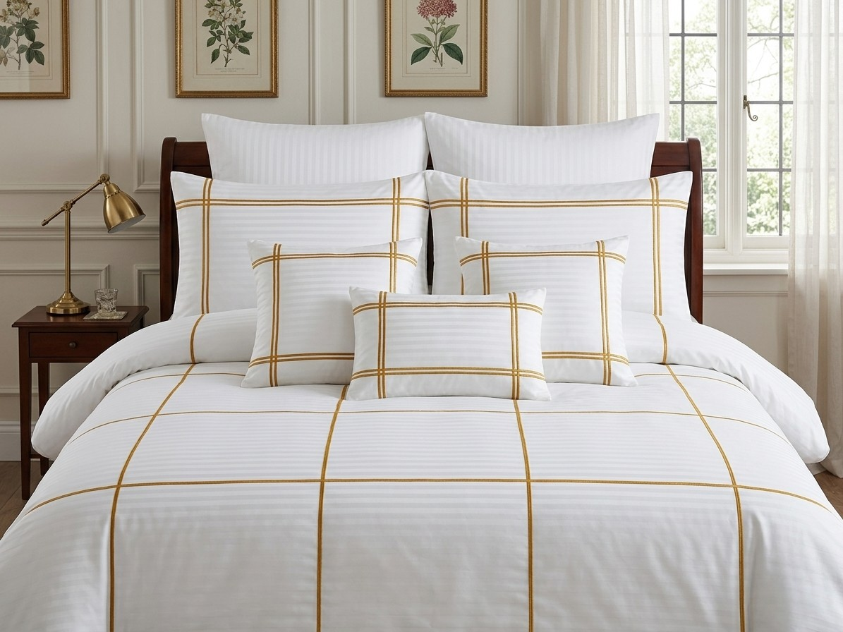Baratta Stitch Bed Set Grid Design T300 Stripe Satin White/Golden