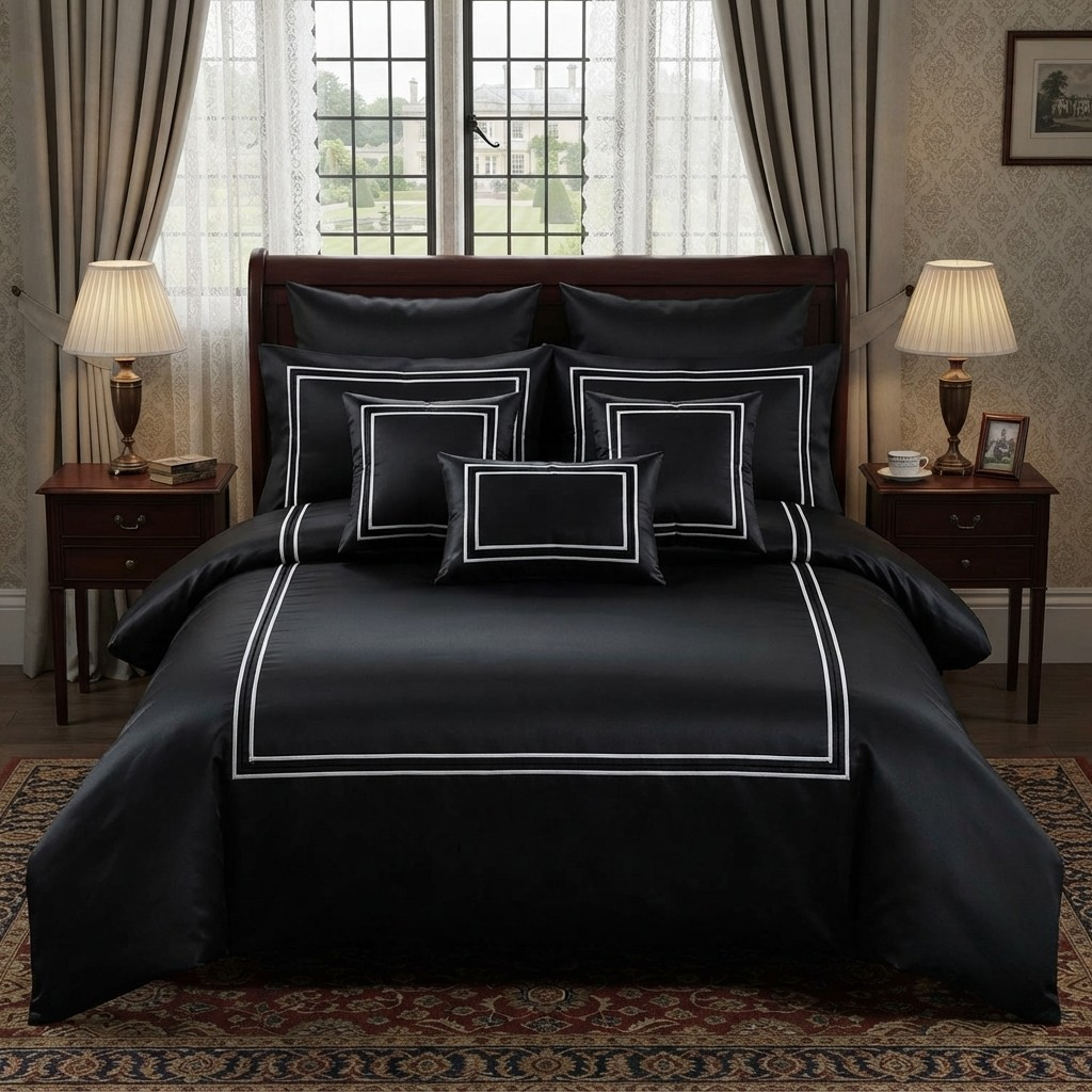 Baratta Stitch Bed Set Box Design T300 Satin Black