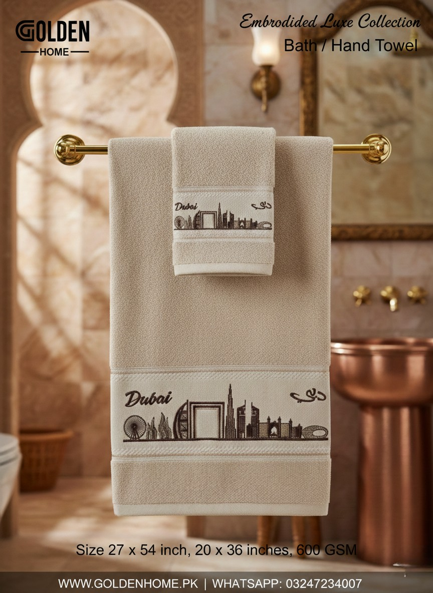 Dubai Embroidered Hand Towel Beige 20x36 inch
