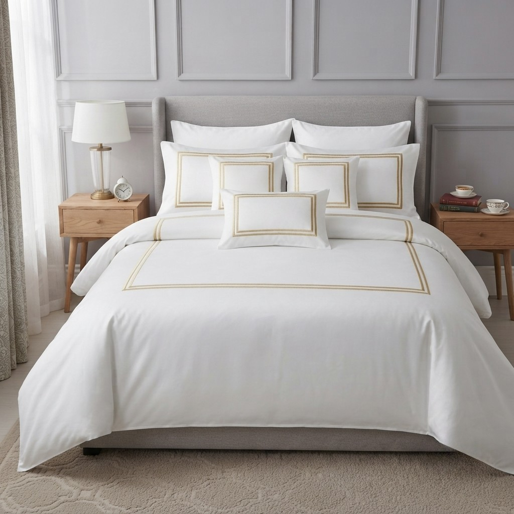 Baratta Stitch Bed Set Box Design T400 Satin White/Golden